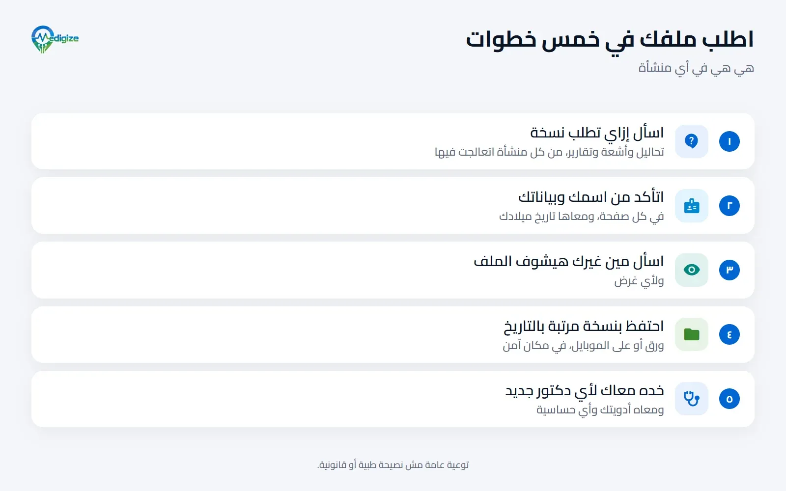 خمس خطوات لطلب ملفك: اسأل المنشأة إزاي تطلب نسخة، واتأكد إن اسمك وبياناتك صح في كل ورقة، واسأل مين غيرك هيشوف الملف وليه، واحتفظ بنسخة مرتبة بالتاريخ، وقول للدكتور الجديد أدويتك وأي حساسية وإدّيله الملف.