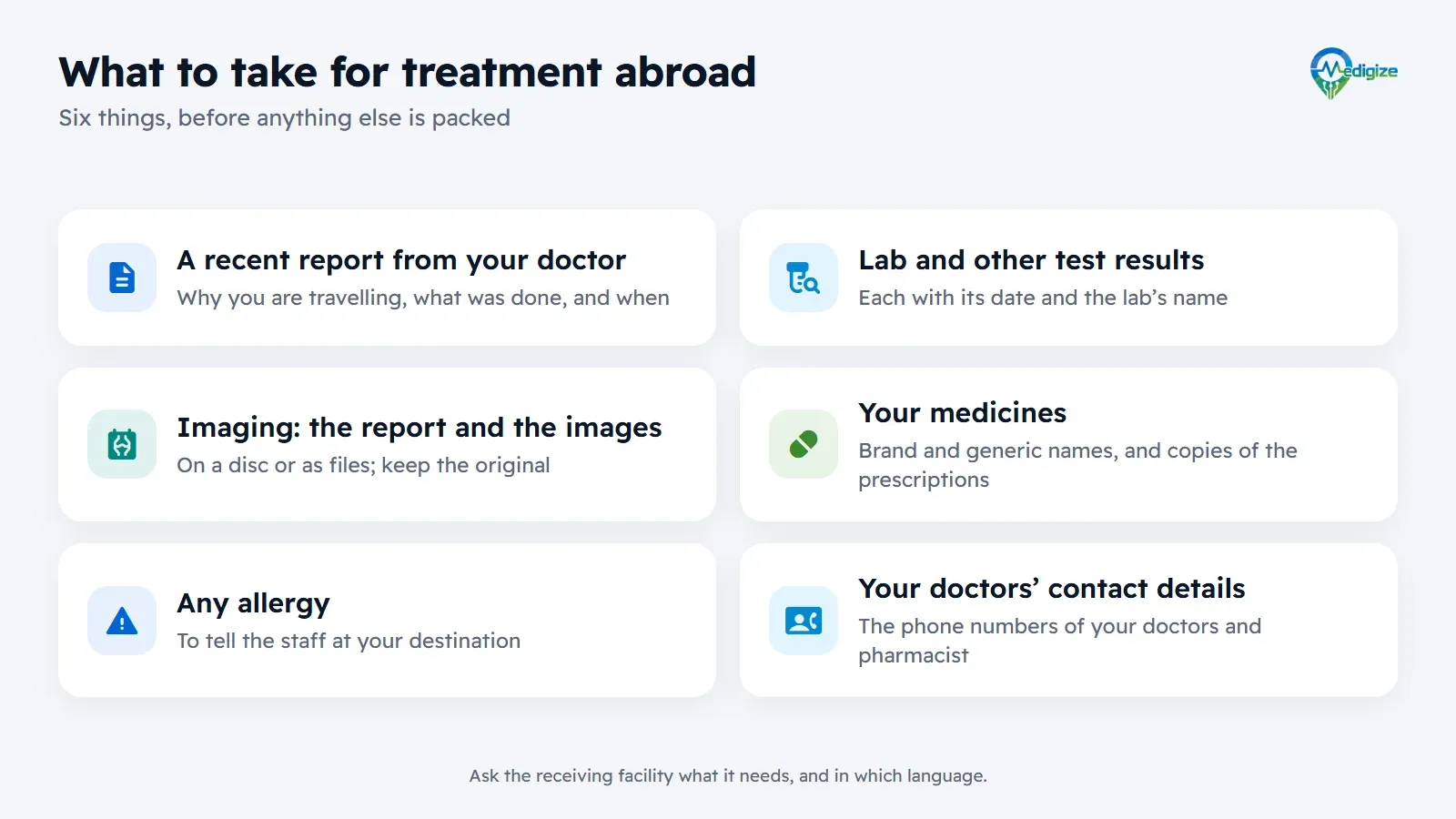 Documents to take for treatment abroad: a recent report from your doctor at home, with the dates; lab and other test results, with dates and the lab’s name; imaging, with both the written report and the images on a disc or as files; your medicines, with brand and generic names and copies of the prescriptions; any allergy, to tell the staff at your destination; and your doctors’ contact details at home.