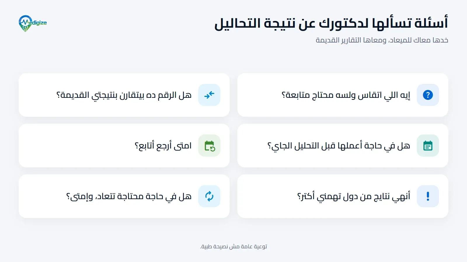 قائمة أسئلة تسألها لدكتورك عن نتيجة التحاليل: إيه اللي اتقاس ولسه محتاج متابعة، وهل بيتقارن بنتايجي القديمة، وهل أعمل حاجة قبل التحليل الجاي، وأرجع إمتى، وأنهي نتايج تهمني أكتر، وهل في حاجة تتعاد.
