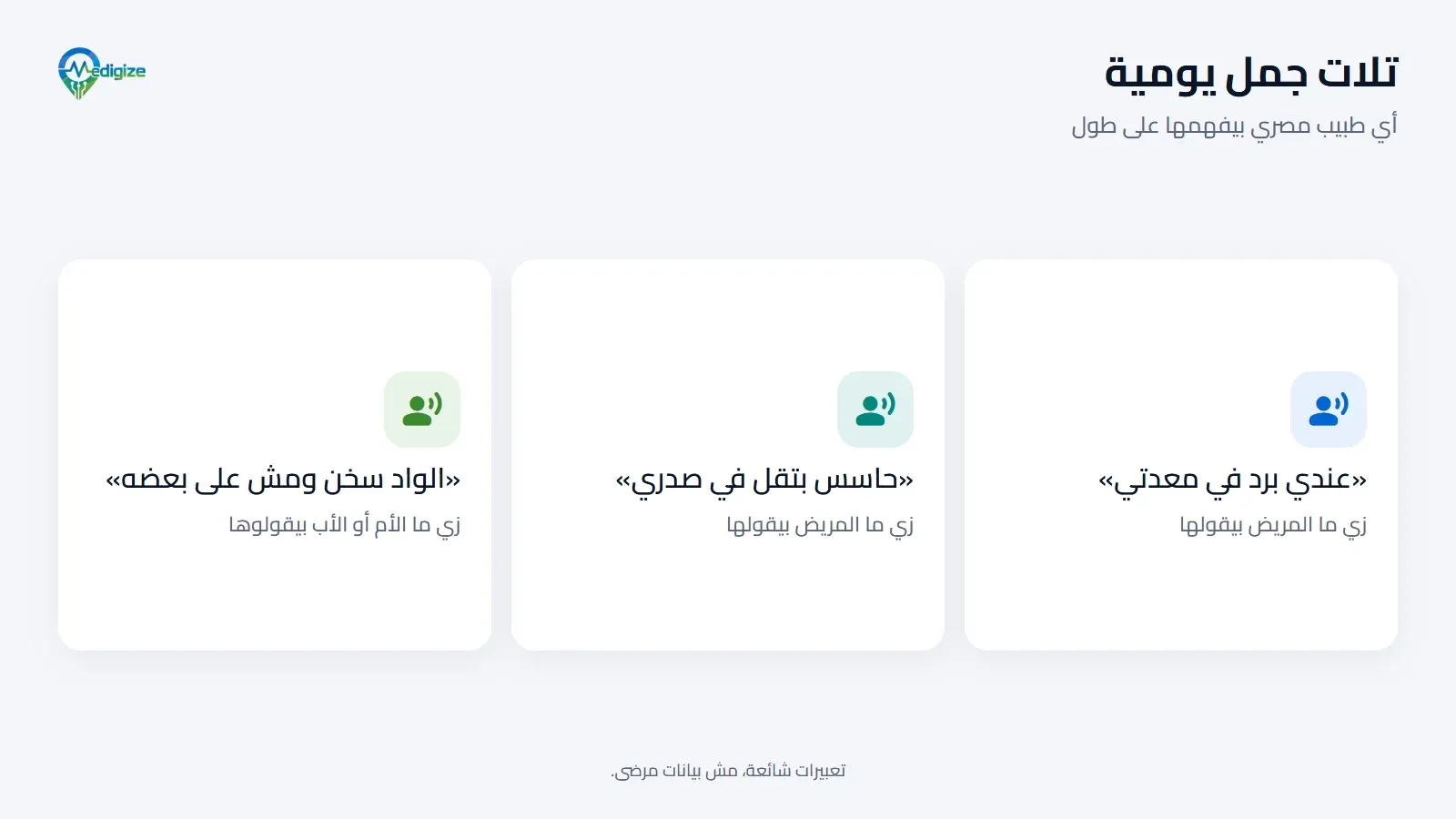 تلات جمل يومية بالعامية المصرية: «عندي برد في معدتي»، و«حاسس بتقل في صدري»، و«الواد سخن ومش على بعضه». تعبيرات شائعة، مش بيانات مرضى.