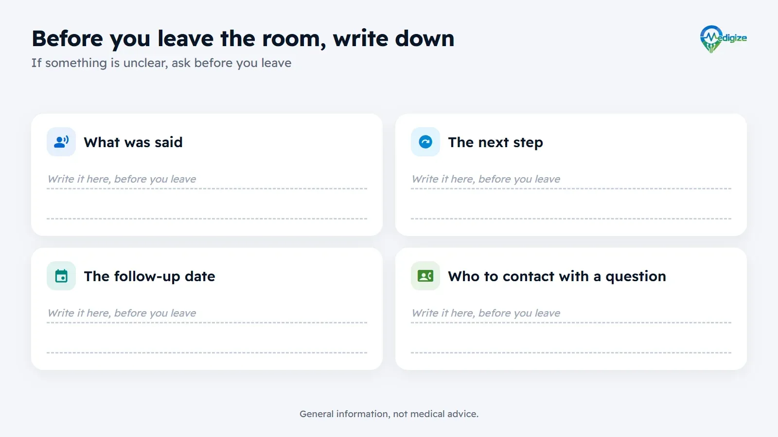 Before you leave the room, write down four things: what was said, the next step, the follow-up date, and who to contact if a question comes up later.