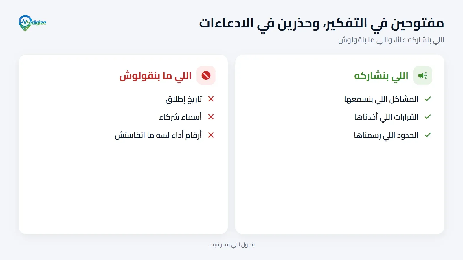 اللي ميديچايز بتشاركه علنًا: المشاكل اللي بنسمعها، والقرارات اللي أخدناها، والحدود اللي رسمناها. واللي ما بنقولوش: تاريخ إطلاق، أو أسماء شركاء، أو أرقام أداء لسه ما اتقاستش.