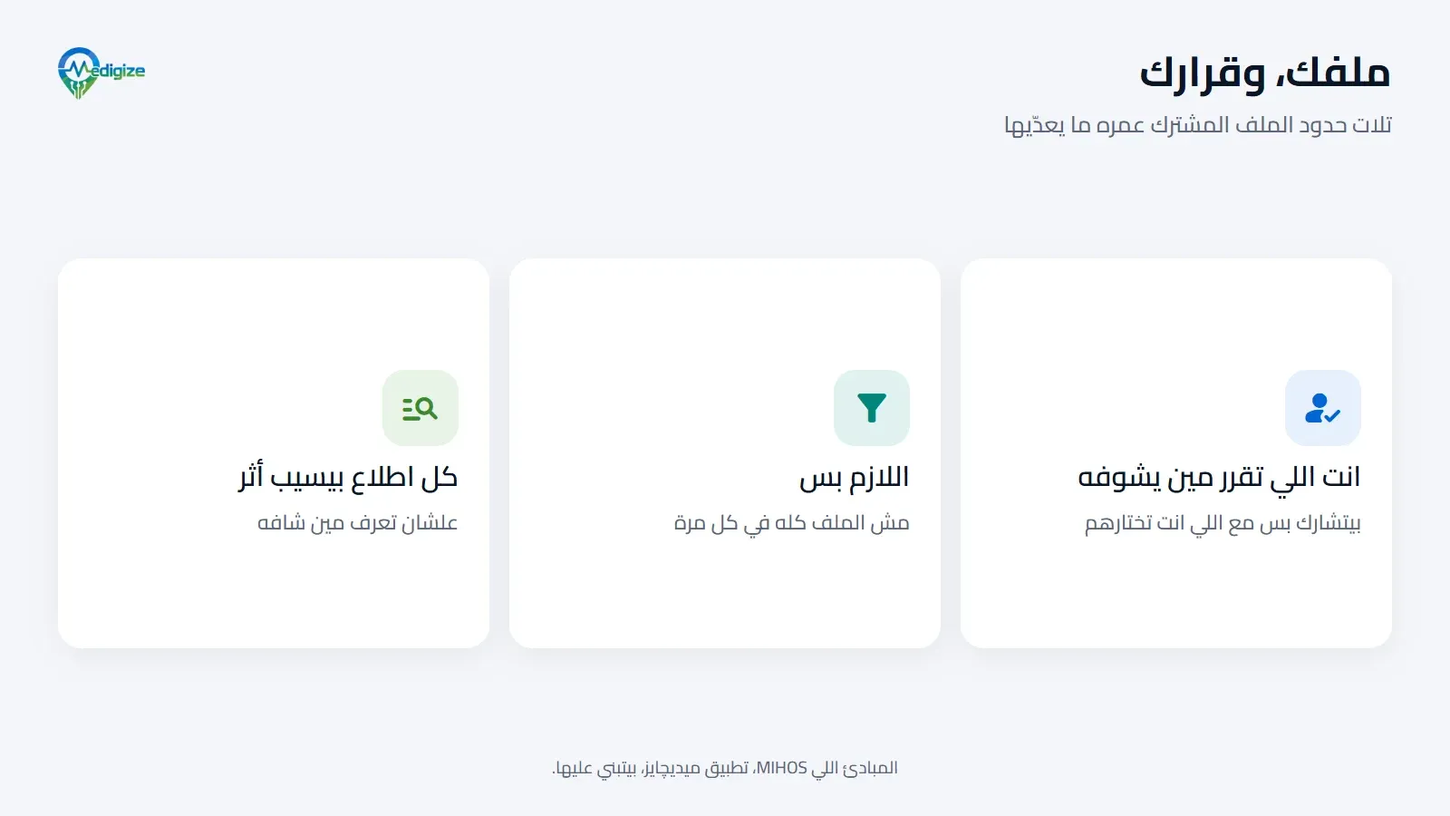 تلات مبادئ لملف بيتحرك معاك: انت اللي تقرر مين يشوفه، واللي بيتشارك هو اللازم بس، وكل اطلاع بيسيب أثر.